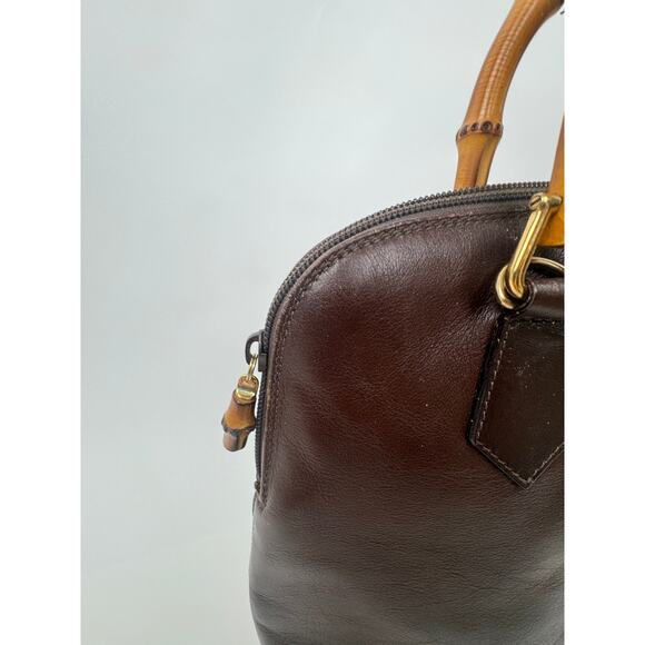 Gucci Brown Leather Bamboo Handles Dome Top Zip Bag - Picture 5 of 8